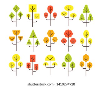 Simple geometric autumn tree symbols. Flat icon set of forest plants. Natural park & garden signs. Isolated object on white background