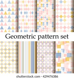 Simple geometric background set. Geometric seamless pattern of geometric shapes. Abstract image with vibrant colors. Suitable for animation, printing, fabrics, textiles, and web