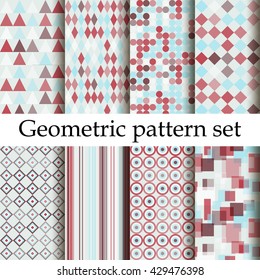 Simple geometric background set. Geometric seamless pattern of geometric shapes. Abstract image with vibrant colors. Suitable for animation, printing, fabrics, textiles, and web