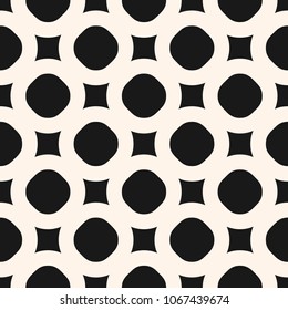 Simple geometric background texture. Black and white seamless pattern with simple geometrical shapes, circles and rounded squares. Modern monochrome ornament. Repeat design for decor, furniture, cloth