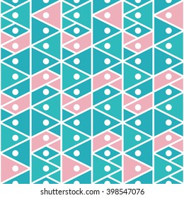 Simple geometric background with triangles of pink and green. Seamless pattern in flat style. Vector illustrations. ethnic background. Can be used as backdrop