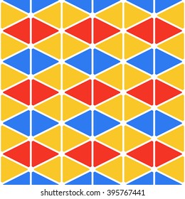 Simple geometric background with triangles of red, yellow and blue. Seamless pattern in flat style. Vector illustrations. Bright color background. Can be used as backdrop
