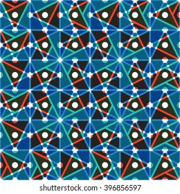 Simple geometric background with triangles of red, blue and black. Seamless pattern in flat style. Vector illustrations. Bright color background. Can be used as backdrop