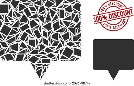 Simple geometric banner mosaic and 100 percent Discount scratched stamp seal. Red stamp seal contains 100 percent DISCOUNT title inside round and lines template.