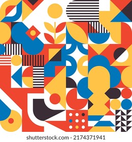 El diseño de bauhaus geométrico sencillo se inspira en un patrón sin fisuras. Formas abstractas minimalistas y modernas. Resumen de tejas retro con círculos y triángulos. Cifras cuadradas básicas