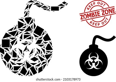 Simple geometric biohazard bomb mosaic and Keep Out Zombie Zone scratched stamp seal. Red stamp seal contains Keep Out Zombie Zone caption inside round and lines shape.