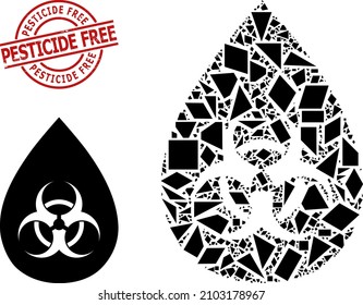 Simple geometric biohazard drop mosaic and Pesticide Free dirty stamp seal. Red stamp seal has PESTICIDE FREE caption inside circle and lines template.