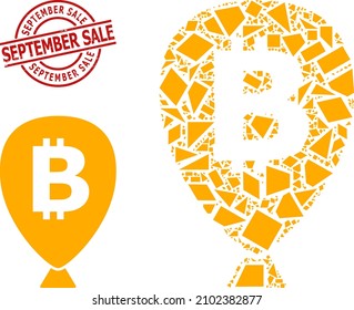 Simple geometric bitcoin balloon mosaic and SEPTEMBER SALE dirty stamp seal. Red stamp seal contains SEPTEMBER SALE caption inside circle and lines form.