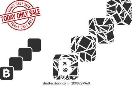 Simple geometric bitcoin blockchain mosaic and TODAY ONLY SALE rubber stamp seal. Red stamp contains TODAY ONLY SALE text inside round and lines form.