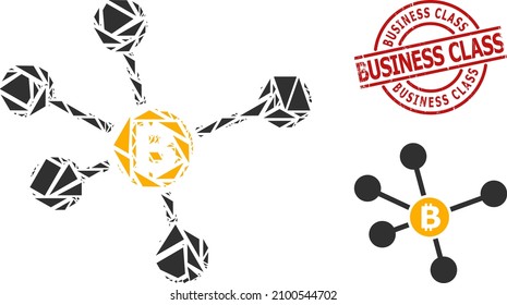 Simple geometric bitcoin links mosaic and BUSINESS CLASS unclean stamp print. Red stamp includes Business Class tag inside circle and lines template.