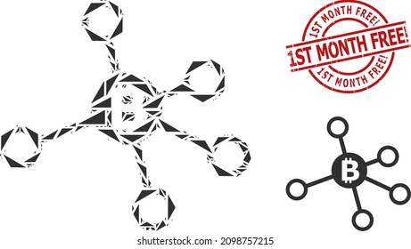 Simple geometric bitcoin nodes mosaic and 1St Month Free textured stamp. Red stamp has 1St Month Free caption inside round and lines shape.