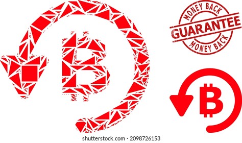 Simple geometric bitcoin refund mosaic and Money Back Guarantee scratched stamp seal. Red stamp seal has Money Back Guarantee tag inside circle and lines shape.