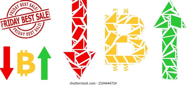 Simple geometric bitcoin volatility mosaic and FRIDAY BEST SALE rubber stamp seal. Red stamp seal has Friday Best Sale tag inside round and lines shape.