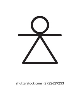 Simple geometric black outline icon representing a person with a circle head straight line arms and a triangular body isolated on white.