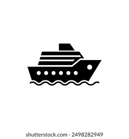 A simple, geometric black and white icon representing a cruise ship with bold, angular shapes and stylized waves