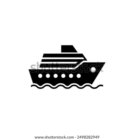 A simple, geometric black and white icon representing a cruise ship with bold, angular shapes and stylized waves