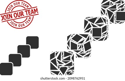 Einfach geometrisches Blockchain Mosaik und Treten Sie unserem Team kratzen Stempel-Siegel. Rote Stempelrobbe hat JOIN OUR TEAM Text im Kreis und Linienform.