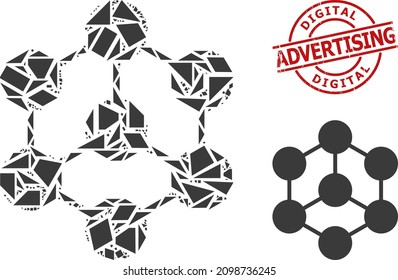 Simple geometric blockchain nodes mosaic and DIGITAL ADVERTISING scratched stamp seal. Red stamp seal contains DIGITAL ADVERTISING caption inside circle and lines template.