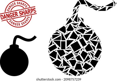Simple geometric bomb mosaic and Danger Sharps scratched stamp seal. Red stamp contains Danger Sharps tag inside circle and lines shape. Vector bomb icon collage is designed of randomized triangles,