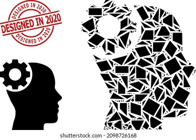 Mosaico simple de engranajes cerebrales geométricos y Diseñado en 2020 imitación de estampado corroido. El sello rojo contiene la etiqueta Diseñado en 2020 dentro de la plantilla de círculo y líneas.