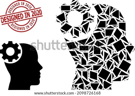 Simple geometric brain gear mosaic and Designed in 2020 corroded stamp imitation. Red stamp contains Designed in 2020 tag inside circle and lines template.