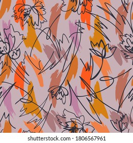 Simple geometric brush strokes background. Seamless pattern with contour flowers mixed with abstract shapes texture. Line art. Outline drawing.