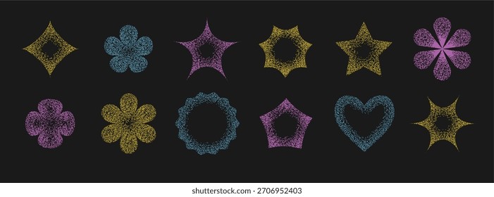 Figuras de brutalismo geométrico simple con textura de gradiente de ruido de grano. Conjunto de formas de estrellas y flores punteadas retro Y2k. Vector arenoso monocromo ilustración texturizada.