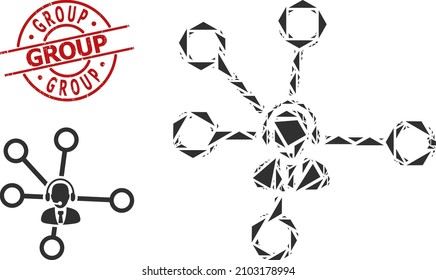 Simple geometric call center links mosaic and Group unclean stamp seal. Red stamp seal has Group text inside circle and lines template.