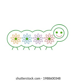 Einfache geometrische Raupenmuster mit farbigen Gänseblümchen. Blumenregenbogen. Cartoon Sommer Babyillustation. Handgezeichneter Vektor. Stilvolle Ikone, Fantasie. Für Farbseiten, Schulbuch, Vorschule.