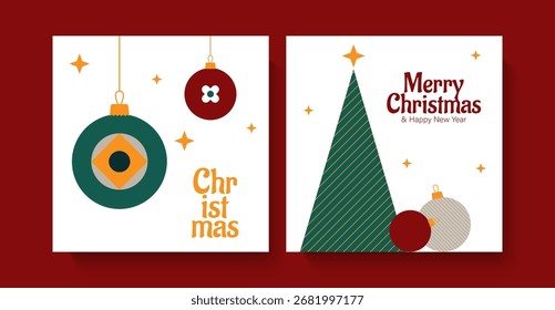 Conjunto de tarjetas de Navidad geométricas simples. Tarjetas cuadradas festivas con un árbol de Navidad y chucherías.