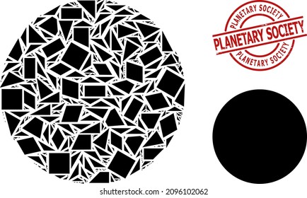 Simple geometric circle mosaic and Planetary Society scratched stamp seal. Red stamp seal has PLANETARY SOCIETY text inside circle and lines template.