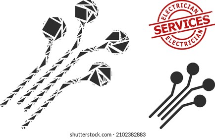 Simple geometric circuit connectors mosaic and Electrician Services dirty stamp seal. Red stamp includes Electrician Services text inside round and lines shape.