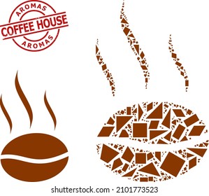 Simple geometric coffee aroma mosaic and Aromas Coffee House unclean stamp. Red stamp seal includes Aromas Coffee House caption inside circle and lines form.