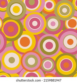 Simple Geometric Colorful Circles Seamless Pattern In Retro 70s 80s Style. Perfect For Home Decor, Wrapping Paper Fabric And Wallpaper Design.