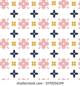 Simple geometric contours of flowers on a seamless pattern. Scandinavian  style for textile, paper, cover. Pink orange plants on a white background