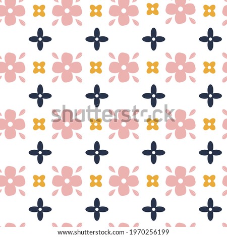 Simple geometric contours of flowers on a seamless pattern. Scandinavian  style for textile, paper, cover. Pink orange plants on a white background