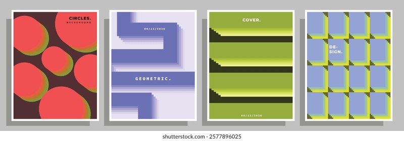 Simple geometric cover design collection. Abstract modern art poster template set. Colorful minimalist shapes background.