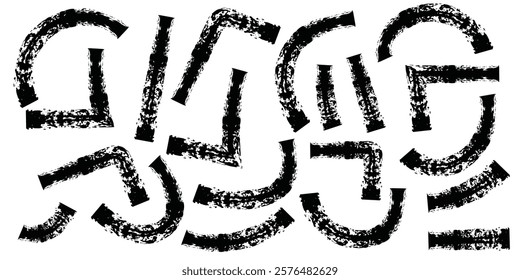 Simple geometric curved and straight lines collection. Bold brush drawn geometric shapes, funky strokes. Hand drawn curves, arches and triangle shapes. Rough grunge texture. Doodle style figures