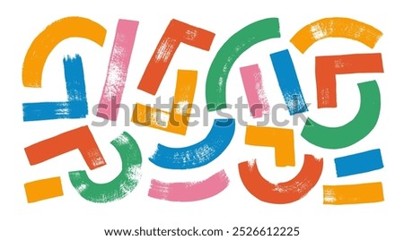 Simple geometric curved and straight lines collection. Colorful bold brush drawn geometric shapes, funky strokes. Hand drawn curves, arches and triangle shapes. Rough grunge doodle style figures.