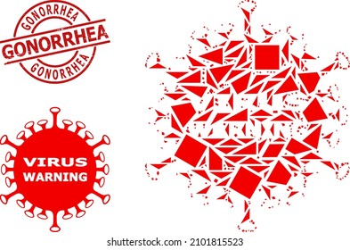 Simple geometric danger virus mosaic and GONORRHEA textured stamp. Red stamp has GONORRHEA text inside circle and lines form. Vector danger virus icon collage is combined with random triangles,