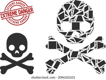 Simple geometric death skull mosaic and Extreme Danger textured stamp print. Red stamp seal contains EXTREME DANGER caption inside circle and lines form.