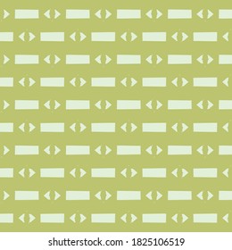 Simple geometric decoration with white rectangles and arrowheads aligned and arranged alternately on green surface. Wallpaper texture.