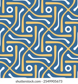 Design geométrico simples com um labirinto abstrato de linhas curvas, listras e círculos isolados em um fundo azul. Padrão repetitivo contínuo em um estilo moderno contemporâneo. Ilustração vetorial.