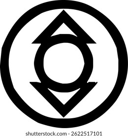 Simple geometric design featuring a circle with upward and downward arrows, symbolizing balance, power, and energy in an abstract, minimalistic style.