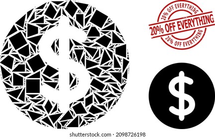 Simple geometric dollar price mosaic and 20 percent OFF EVERYTHING corroded stamp imitation. Red stamp contains 20 percent Off Everything title inside round and lines template.