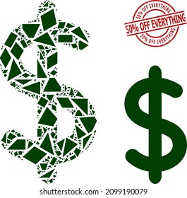 Simple geometric dollar sign mosaic and 50 percent Off Everything textured stamp. Red stamp includes 50 percent Off Everything tag inside round and lines form.