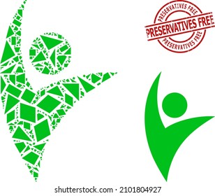 Simple geometric eco man mosaic and Preservatives Free dirty stamp imitation. Red stamp contains Preservatives Free text inside round and lines template.