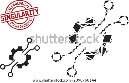 Simple geometric electronic mechanics mosaic and TECHNOLOGICAL SINGULARITY unclean stamp imitation. Red stamp seal includes Technological Singularity title inside round and lines shape.