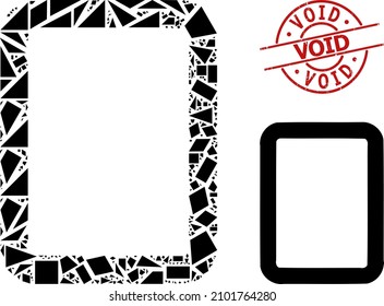 Simple geometric empty page mosaic and Void corroded stamp seal. Red stamp seal has Void tag inside circle and lines template. Vector empty page icon collage constructed of randomized triangles,