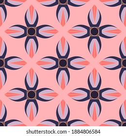 Simple geometric endless pattern. Stylized flowers on pink background. Blue, purple and pink mosaic backdrop. 